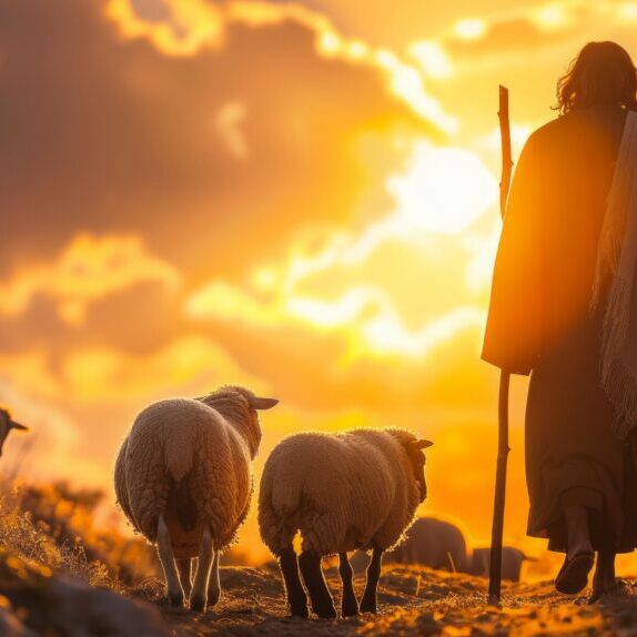 A biblical scene, Jesus the shepherd with sheep at sunset, symbolizing guidance and protection, AI Generative